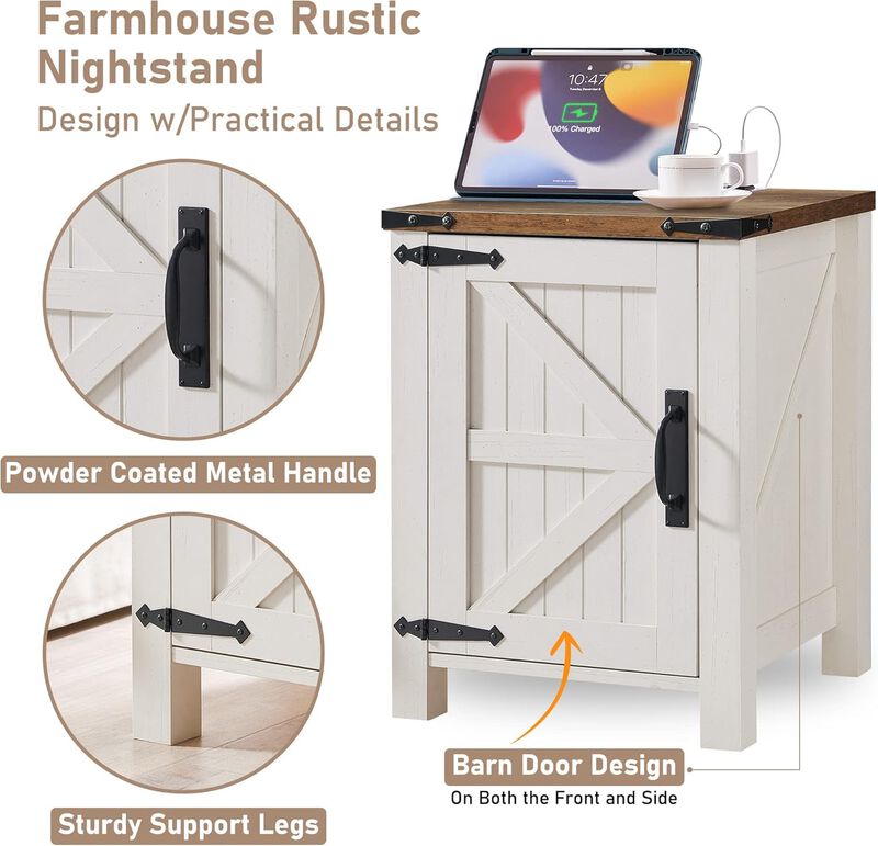 Nightstand Set of 2 with Charging Station, Rustic End Table with Barn Door Cabinet, Adjustable Shelf, USB & AC Outlets image number 4