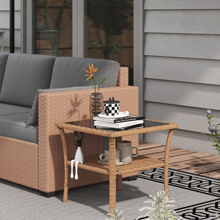 Hivvago PE Wicker Patio End Table with Glass Top