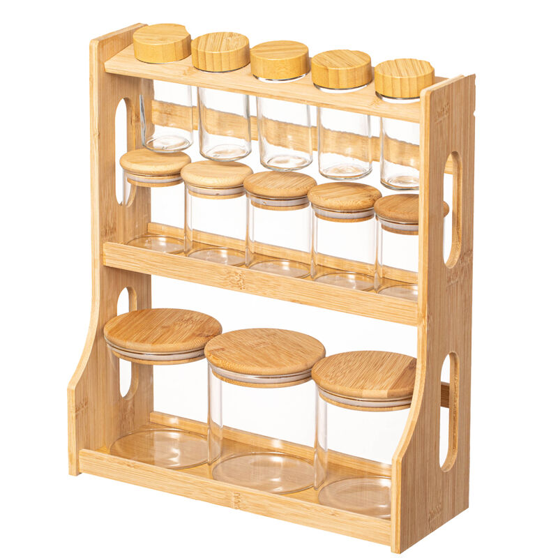 Basicwise Versatile 3-Tier Bamboo Spice Rack and Pantry Organizer with 13 Glass Jars – Perfect for Countertop Storage in Kitchens to Keep  Seasoning Containers Neatly Displayed and Easily Accessible