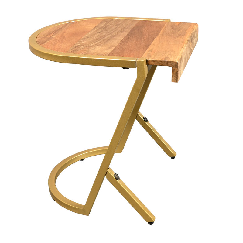 17 Inch Side End C Table, Natural Mango Wood Top with Drop Edge, Iron Gold Angled Frame