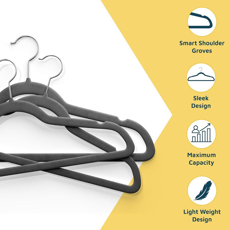 Velvet Clothes Hangers &ndash; with 360 Degree Swivel Hook and Non-Slip Shoulder Notch, Holds Up to 10 lbs, Heavy Duty Hanger Set, for Organizing Suit, Dress, Coat, and Clothes, Pack of 5, Gray image number 4