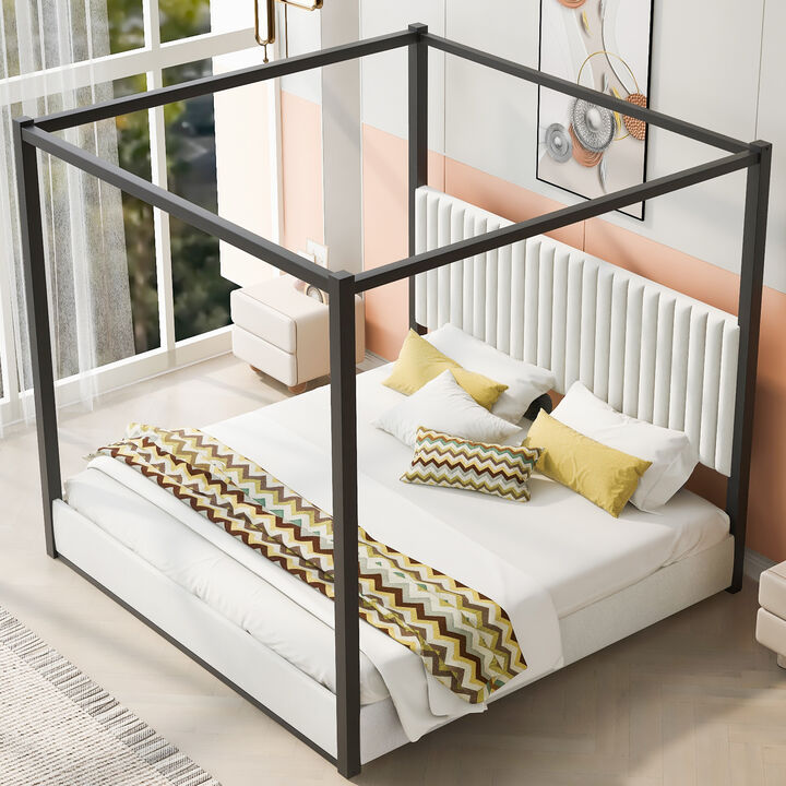 Whisen King Size Upholstered Canopy Platform Bed, Velvet & Metal, 83"x79.3", for Master Bedroom