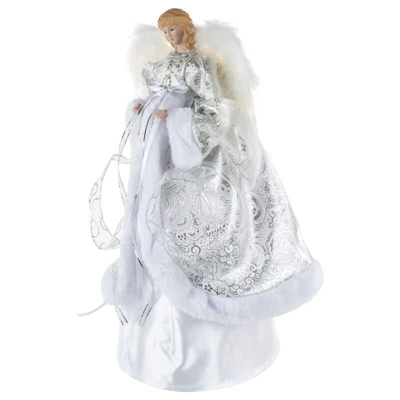 18" Lighted White and Silver Angel in a Dress Christmas Tree Topper - Warm White Lights