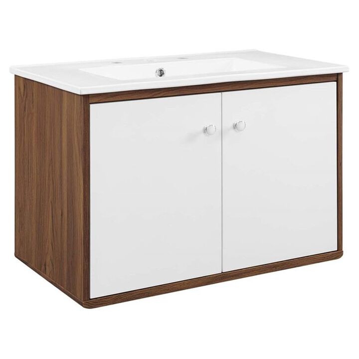 Modway Transmit Wall-Mount, 30" Bathroom Vanity, Walnut White