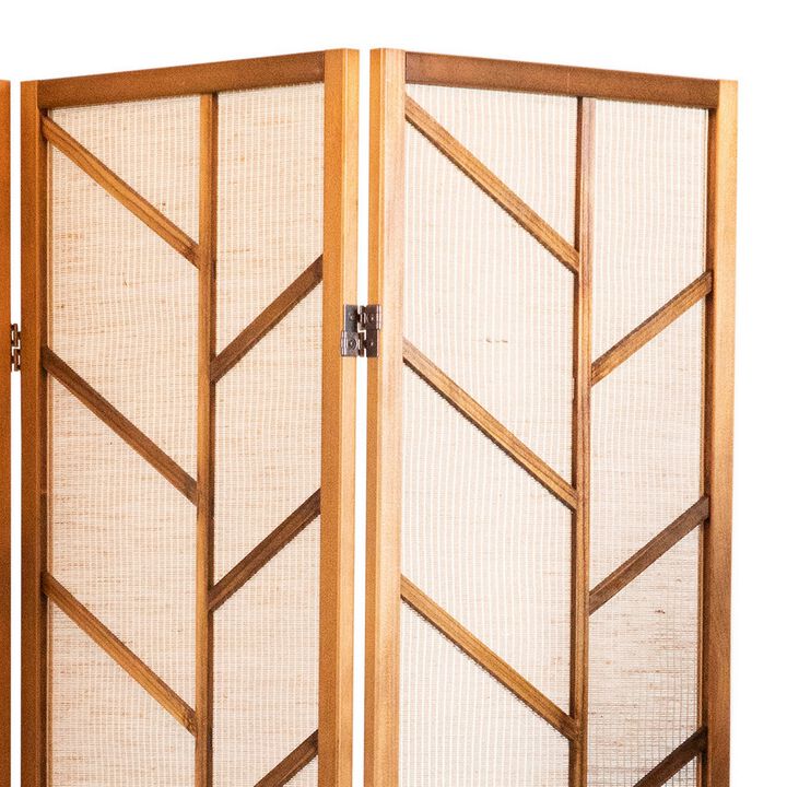 3 Panel Screen with Jute Linen Fabric and Wooden Frame, Brown and Beige - Benzara