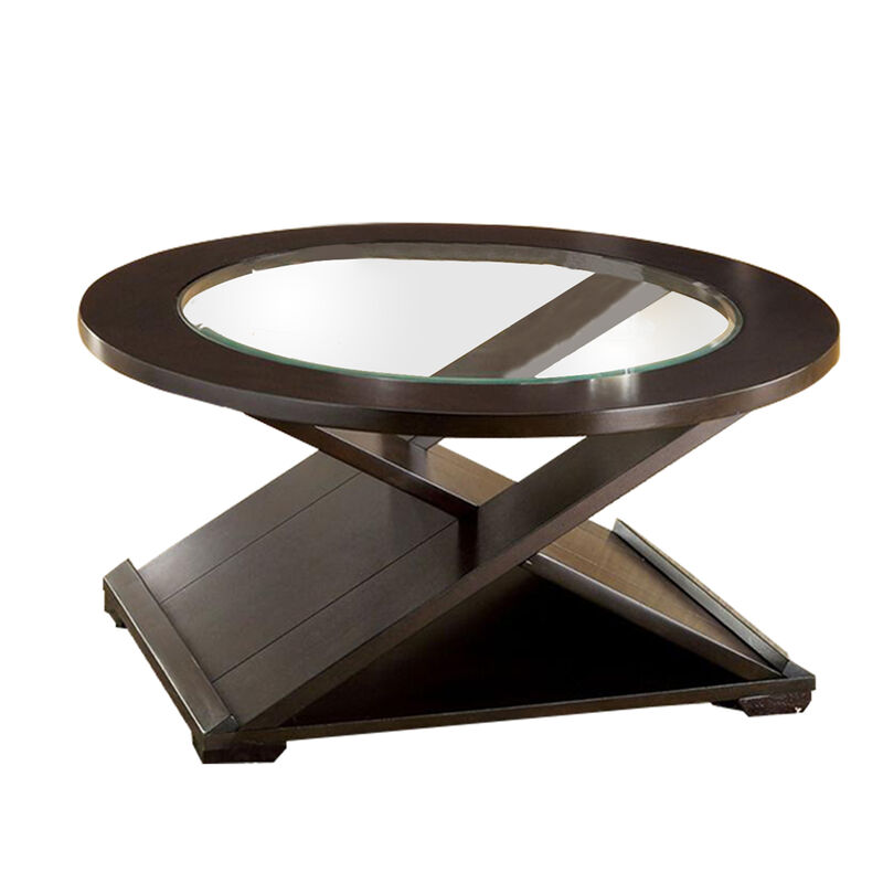 3 Piece Round Glass Coffee Table and End Table with X Shaped Base, Brown