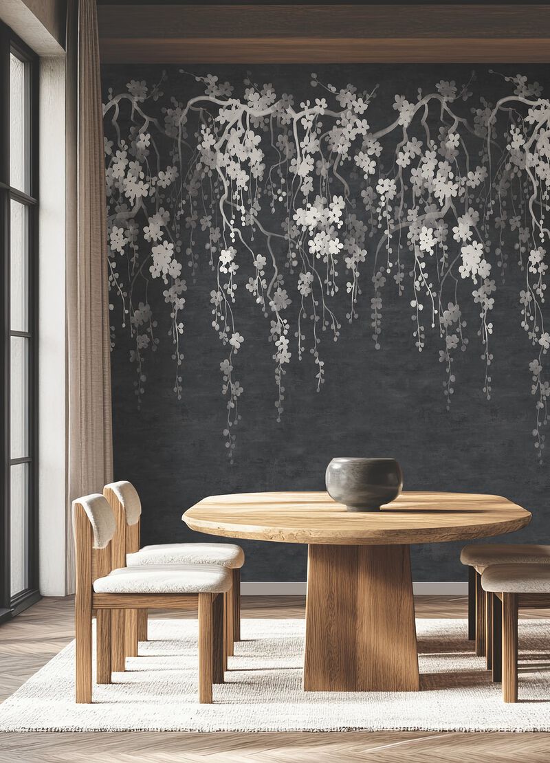 Sakura Blooms Black Wall Mural image number 3