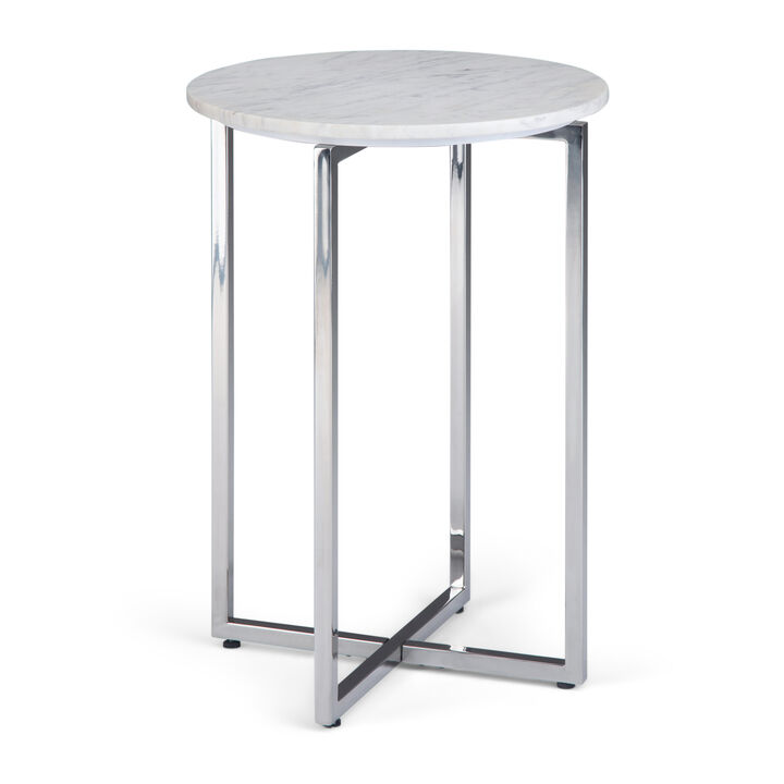 Marsden Modern 18 inch Wide Metal Accent Side Table with Polished Stainless Steel Base in White, Silver