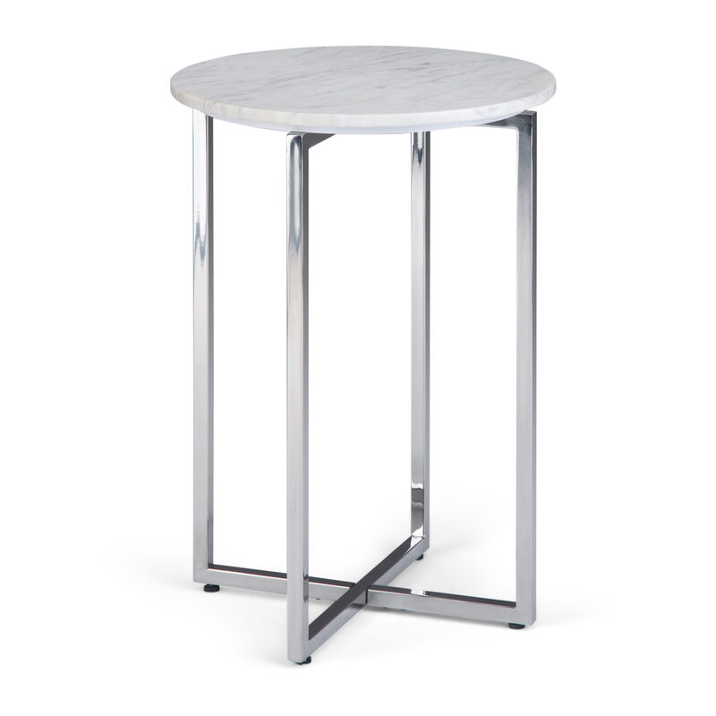 Marsden Modern 18 inch Wide Metal Accent Side Table with Polished Stainless Steel Base in White, Silver