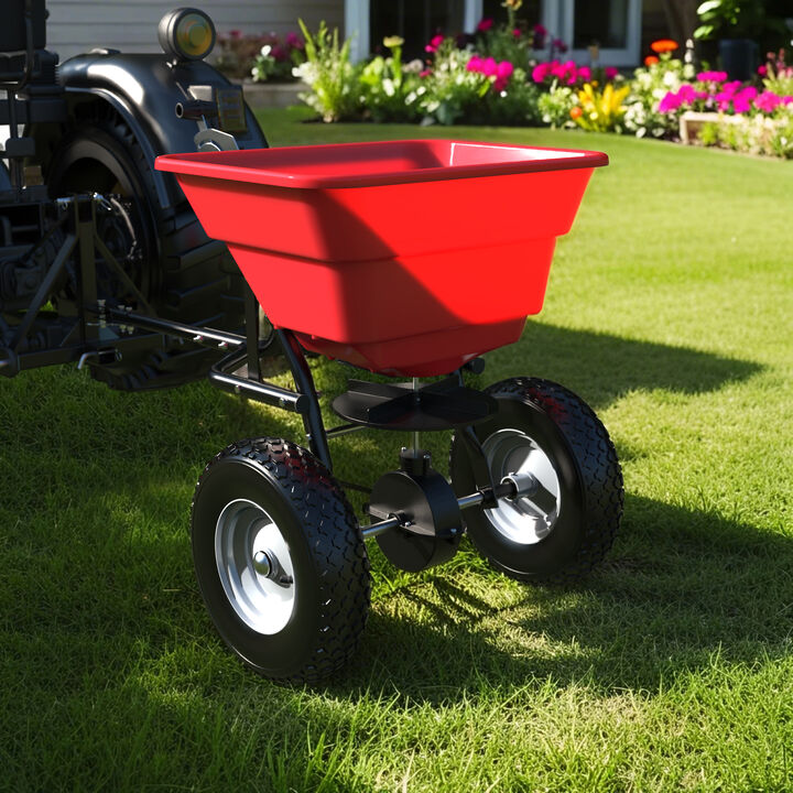 FUFU&GAGA 80lb Tow-Behind Spreader &ndash; Durable Red Frame, Rubber Pneumatic Tires, Adjustable Feed Control, (22.8" L x 16.1" W x 30.3" H), red