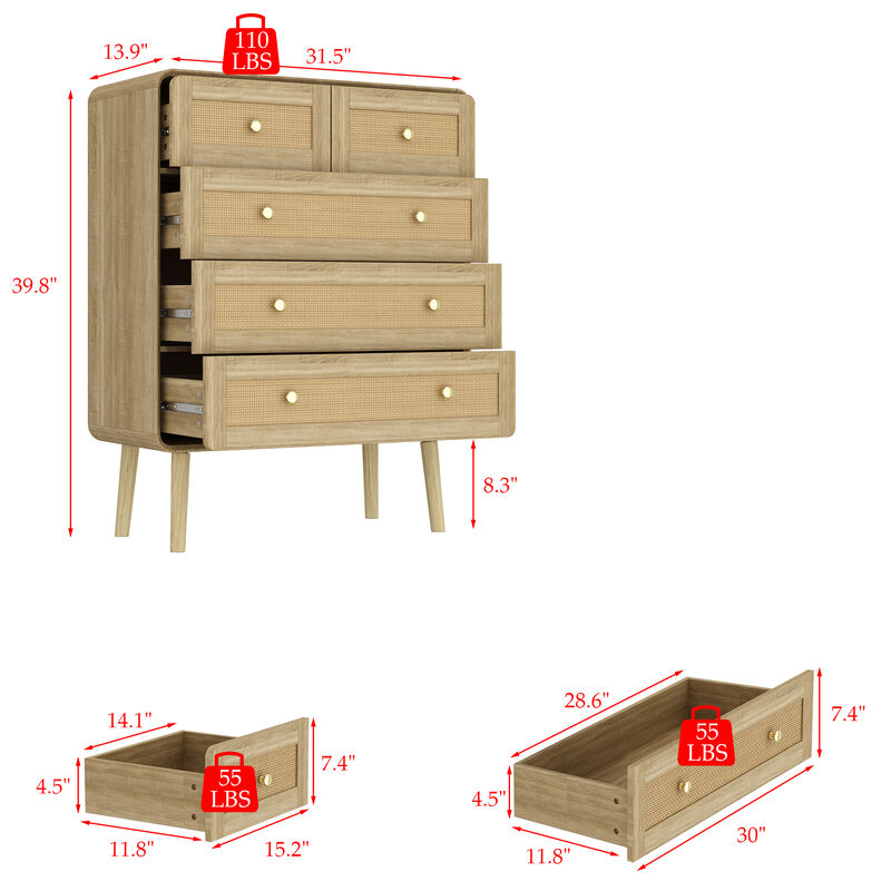 FUFU&GAGA 5-Drawer Dresser, Modern Wood Chest with Rattan Fronts, Gold Handles & Sturdy Wooden Legs, Spacious Storage Cabinet for Bedroom (31.5" W x 39.8" H x 13.9" D), Natural Wood