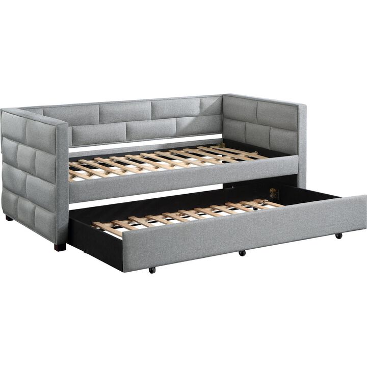 Classic Wood Daybed with Trundle, Upholstered, Brick Style Tufting, Gray-Benzara