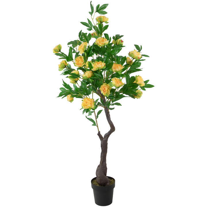 63" Artificial Yellow and Green Peony Flower Potted Tree