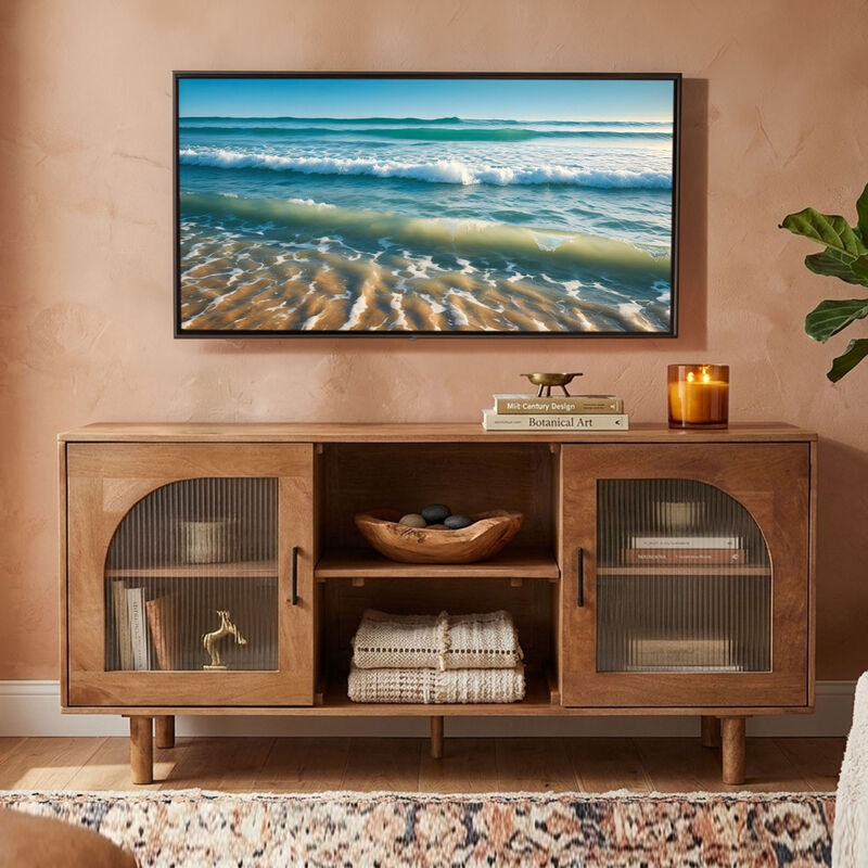 64 Inch James TV Stand Console, 2 Arch Glass Door Cabinets & Shelves, Walnut Brown Mango Wood image number 3