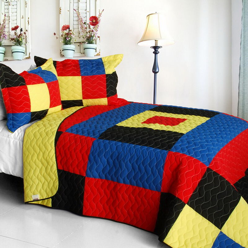 3PC Queen Size Quilt Set with Vermicelli Stitching and Soft Printed Fabric-Blue image number 0