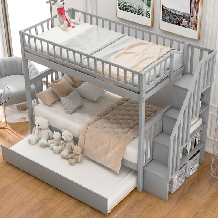 Twin over Twin Bunk Bed with Trundle and Storage, White