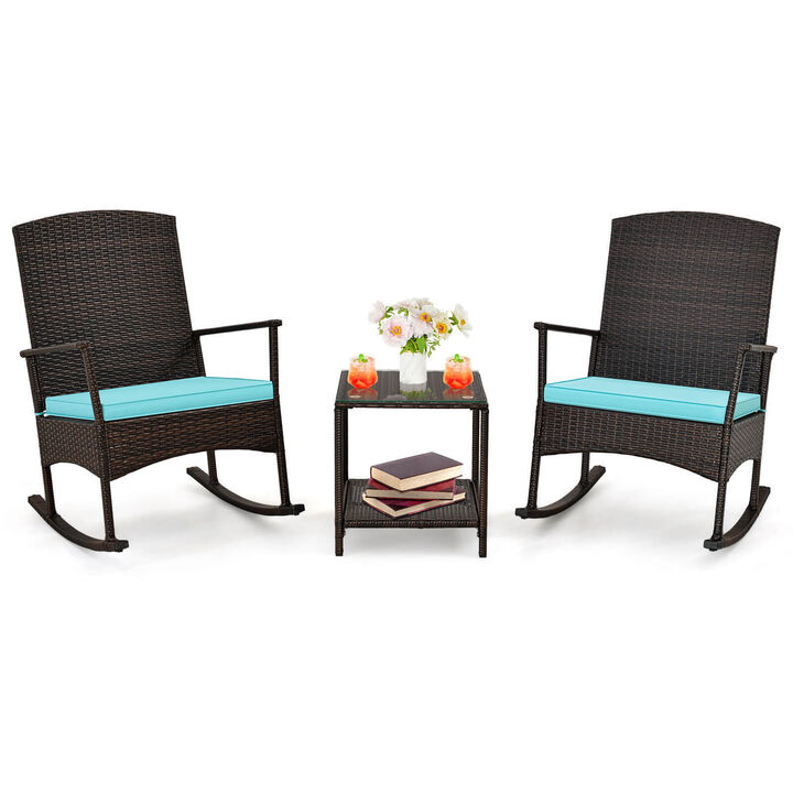 3 Piece Patio Rocking Set Wicker Rocking Chairs with 2-Tier Coffee Table