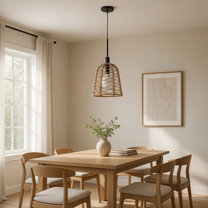 Pendant Light, Bell Style Caged Body with Braided Burlap Rope, Black Metal image number 8