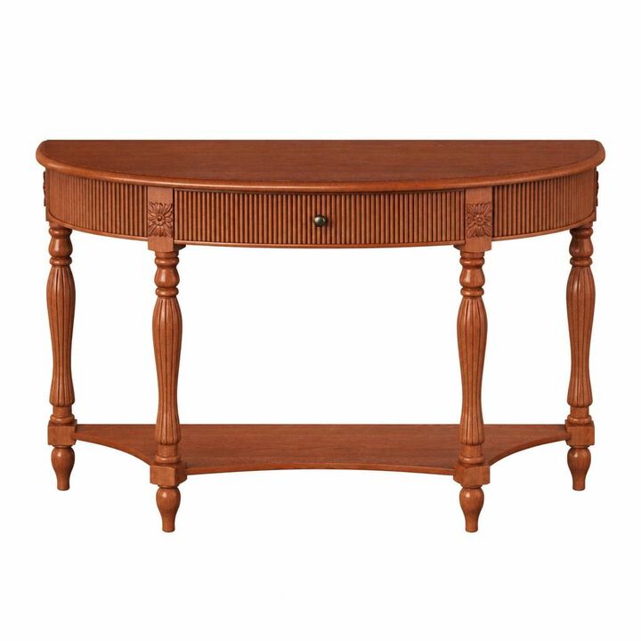 GOODSILO Solid Wood Half Moon Console Table with Drawer and Open Shelf, Fluted Vintage Curved Entryway Table for Narrow Hallway Living Room Foyer