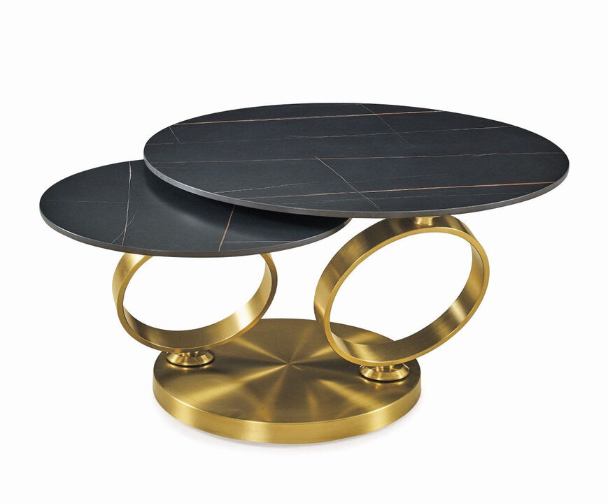 Motion black ceramic top coffee table with brushed gold base