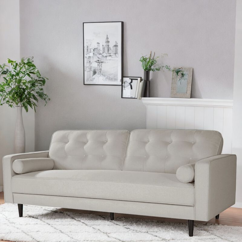 80 inch Wide Upholstered Sofa. Modern Fabric Sofa, Square Armrest (White)