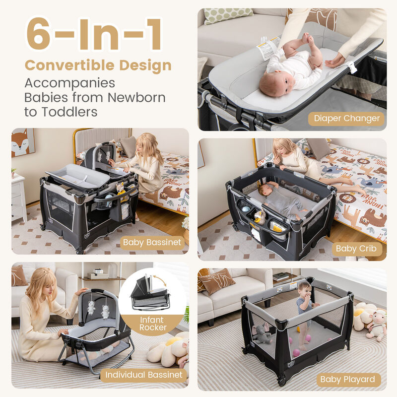 4-in-1 Convertible Portable Baby Play yard with Toys and Music Player