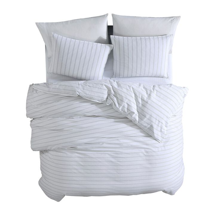 3 Piece Queen Comforter Set with Pinstripe Pattern, White and Black - Benzara