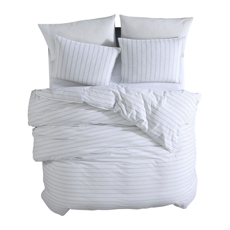 3 Piece Queen Comforter Set with Pinstripe Pattern, White and Black - Benzara