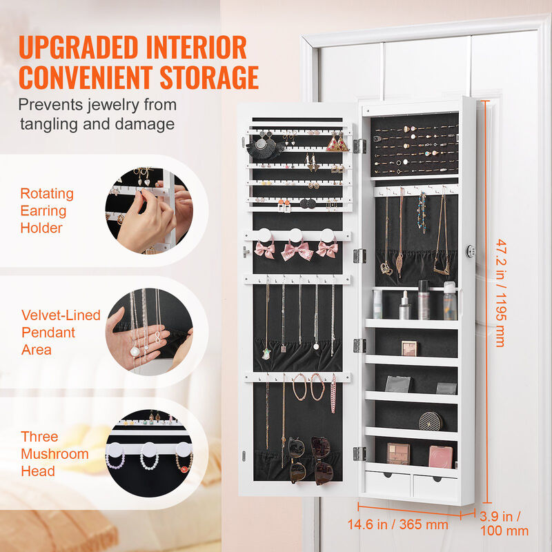 Lockable Mirror Jewelry Cabinet, Wall or Door Mounted Storage Armoire with Hooks & Shelves