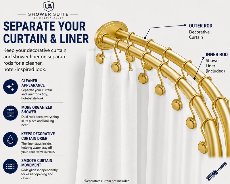 Shower Suite by Utopia Alley &ndash; Rustproof Aluminum Double Curved Shower Curtain Rod Combo Set with Liner & 24 Hooks, Adjustable 45&ndash;72 Inch Wall Mounted Dual Rod, Extra 30% Space image number 2