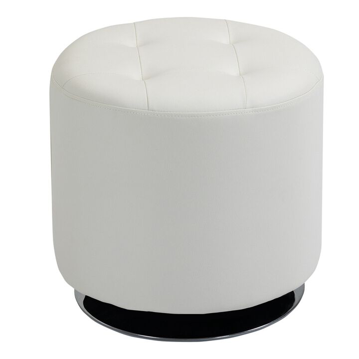 360A° Swivel Foot Stool, Round Tufted PU Ottoman with Thick Sponge Padding & Solid Steel Base, White