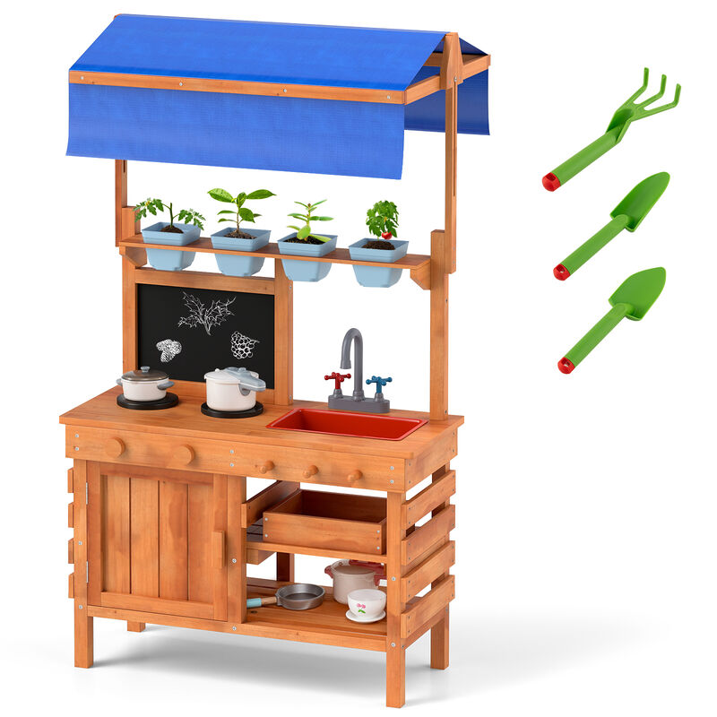 Kids Wooden Pretend Kitchen Play Set with Adjustable Canopy for Creative Play