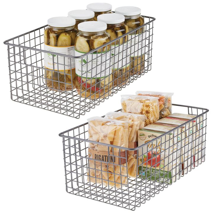 mDesign Metal Wire Food Organizer Basket, Built-In Handles, 2 Pack, Dark Gray
