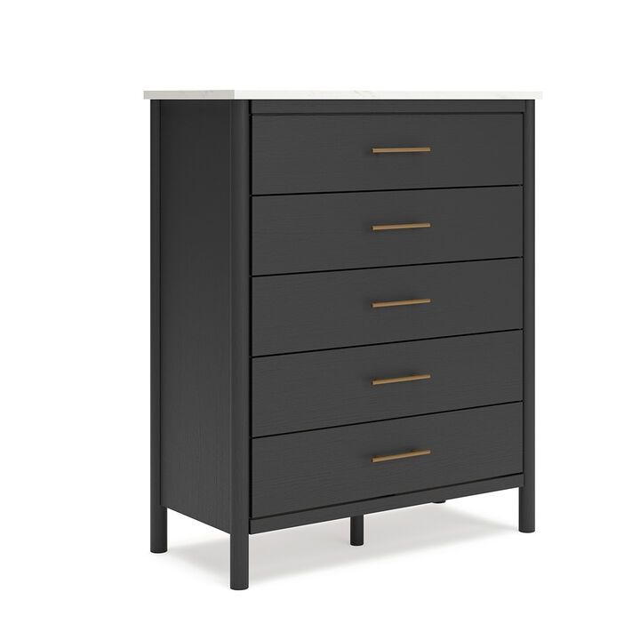 Mooran Tall Dresser Chest, 5 Drawers, Modern Marble Finish Top, Black - Benzara