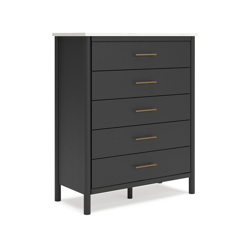 Mooran Tall Dresser Chest, 5 Drawers, Modern Marble Finish Top, Black - Benzara
