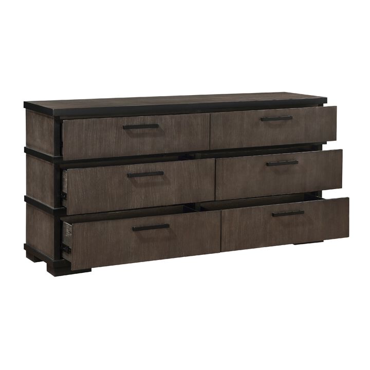 Acy 67 Inch Dresser, 6 Drawers, Brownish Gray, Black Wood, Bar Handles - Benzara