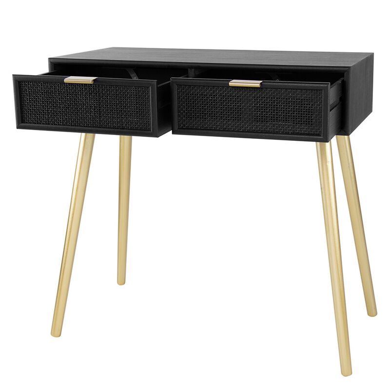 Pia 32 Inch Wood Console Table, 2 Drawers, Woven Rattan Design, Black, Gold