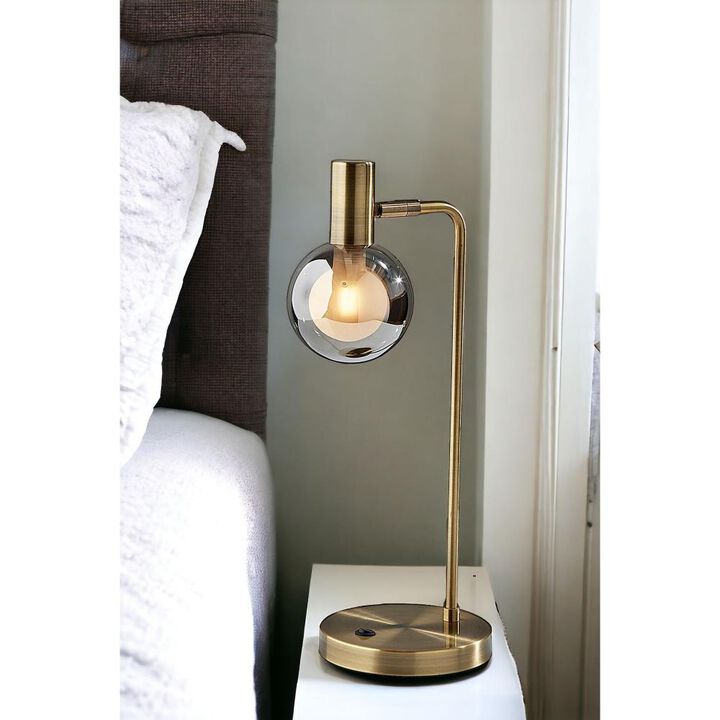 Hivvago 18" Antiqued Brass Metal Cylinder Desk Table Lamp With Gray Globe Shade With Starling LED Bulb