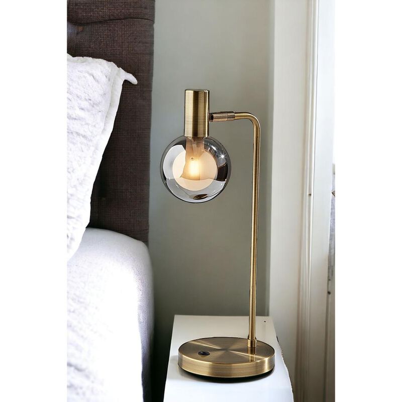 Hivvago 18" Antiqued Brass Metal Cylinder Desk Table Lamp With Gray Globe Shade With Starling LED Bulb