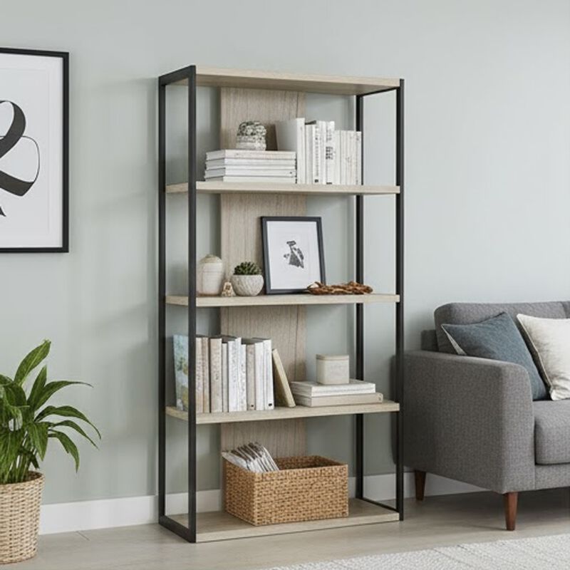 Dela 72 Inch Freestanding Bookcase, 4 Wooden Shelves, Whitewashed Gray