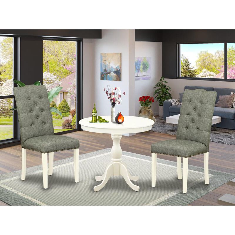 East West Furniture AMEL3-LWH-07 3 Piece Dining Set - 1 Round Pedestal Table and 2 Smoke Dining Room Chairs - Linen White Finish