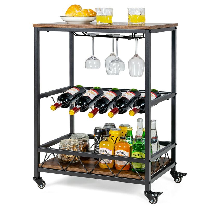 Kitchen Bar Cart Serving Trolley on Wheels with Wine Rack Glass Holder-Rustic Brown