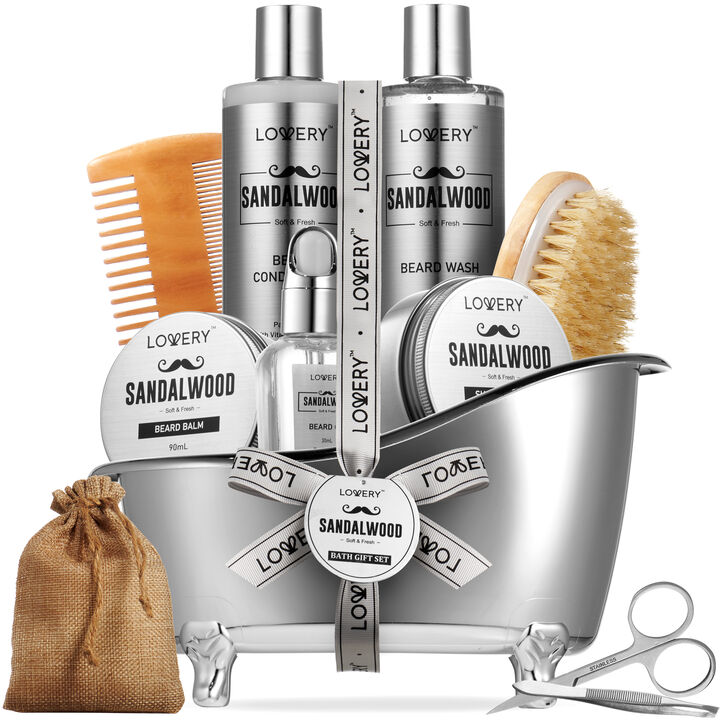 Luxury Silver Mens Bath and Body Gift Set, Sandalwood Selfcare Beard Grooming Kit