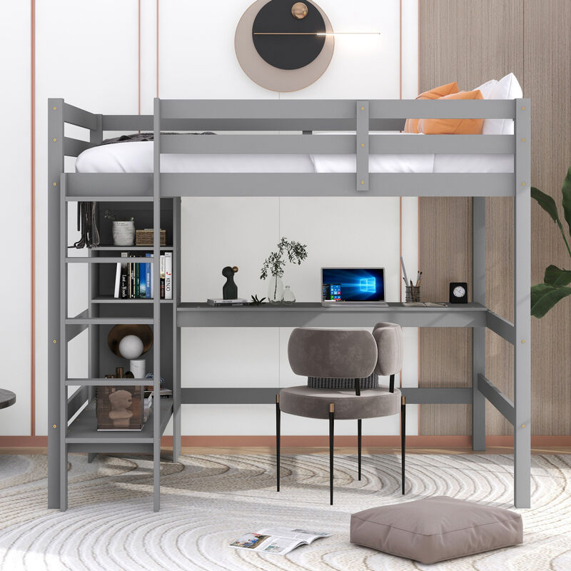Full Size Loft Bed with Multifunction Shelves and Under-bed Desk, White