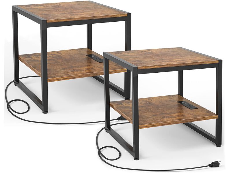 Homieasy End Table with Charging Station, 20 Inch Square Side Table with USB Ports & Power Outlets, Industrial Nightstand with S