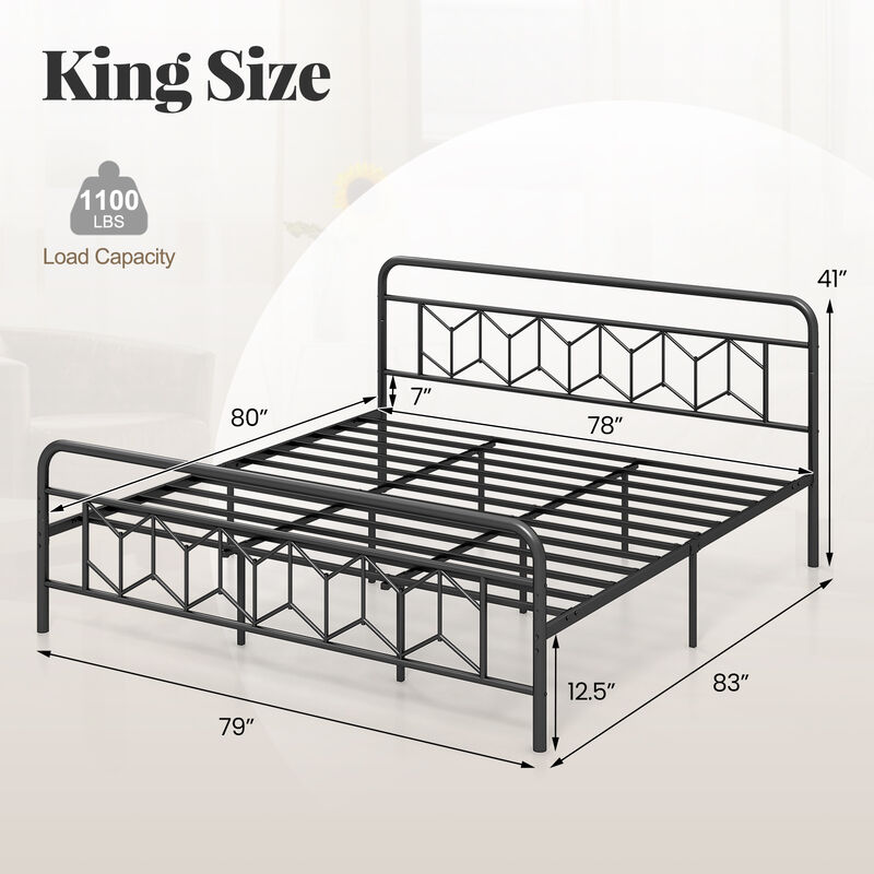 Platform Bed with High Headboard and Snap Lock Metal Slats Support