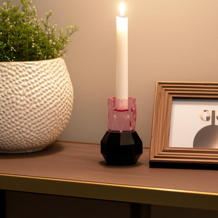HomeRoots 5" Pink And Black Faceted Crystal Tabletop Taper Candlestick