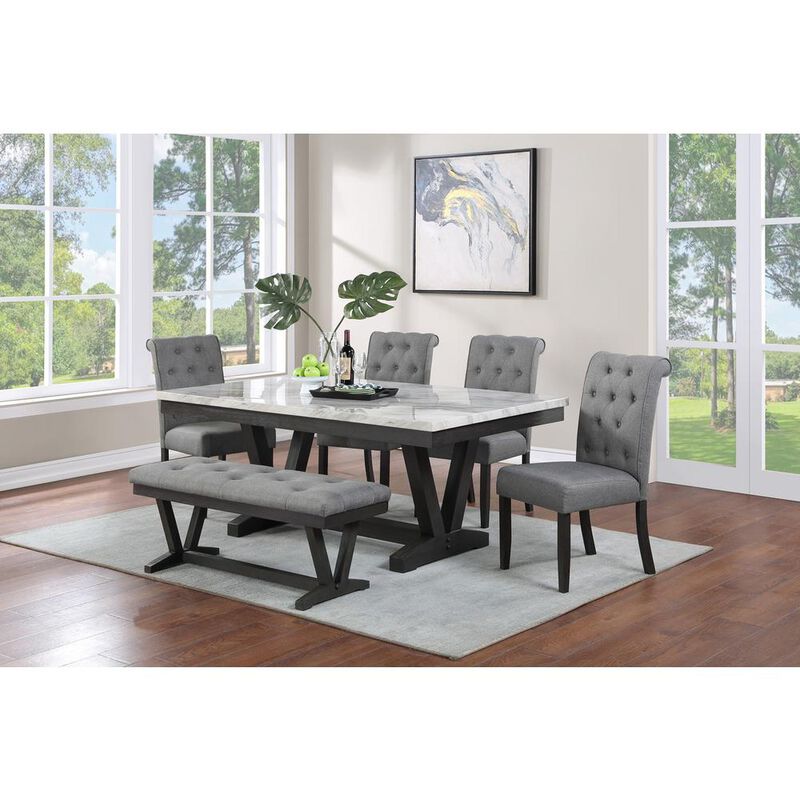 6 pc Dining set Faux Marble Wrap Table set with Beige Linen Chairs and one bench