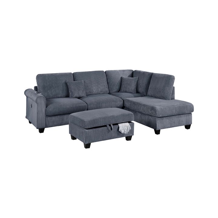 Roe 3pc Sectional Sofa Set with Chaise, Ottoman, 2 Pillows, Dark Gray - Benzara
