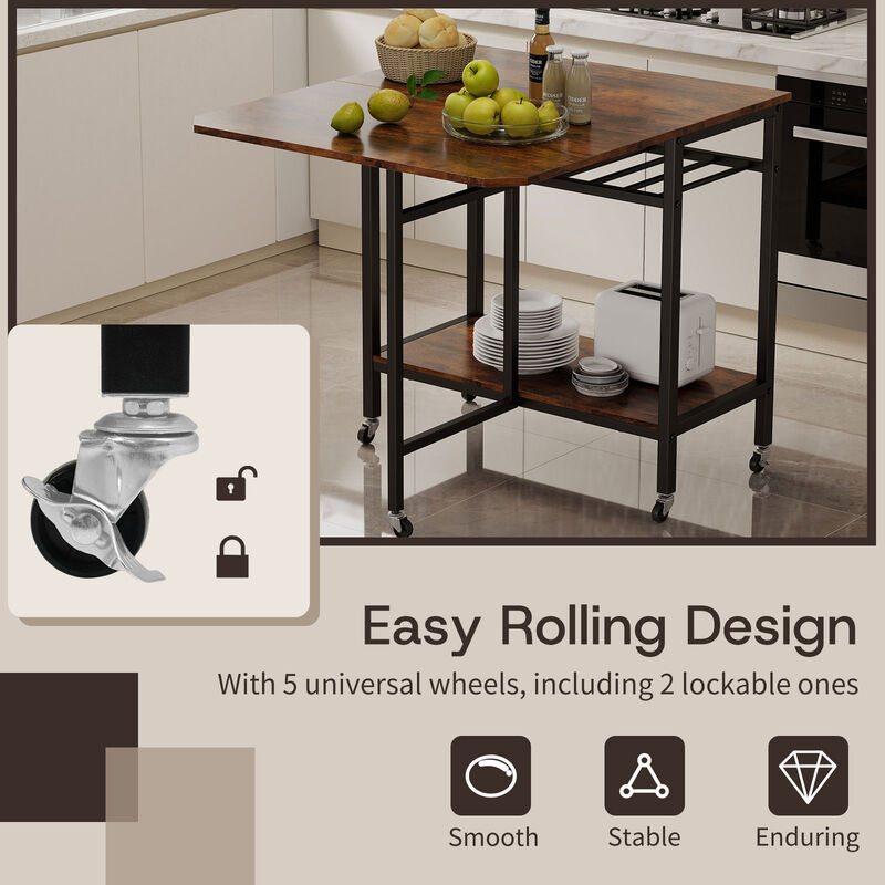 Expandable Folding Dining Table with Laptop Tray, Wine Rack, and Casters-Rustic Brown image number 8